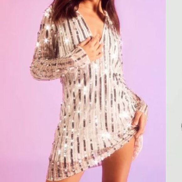 Boohoo Dresses & Skirts - BOOHOO stripe sequin Rugby shiftt dress white and silver UK 14 // US 10  NWT